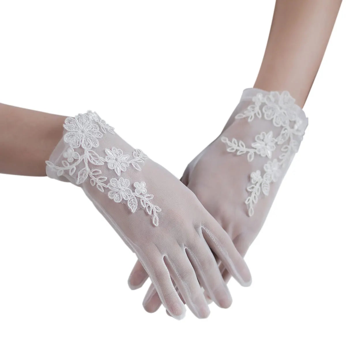 WG060 Wedding Bridal White Gloves Handmade Soft Tulle Lace Appliqued Short Brides Gloves Women Pageant Prom Perform Handschuh