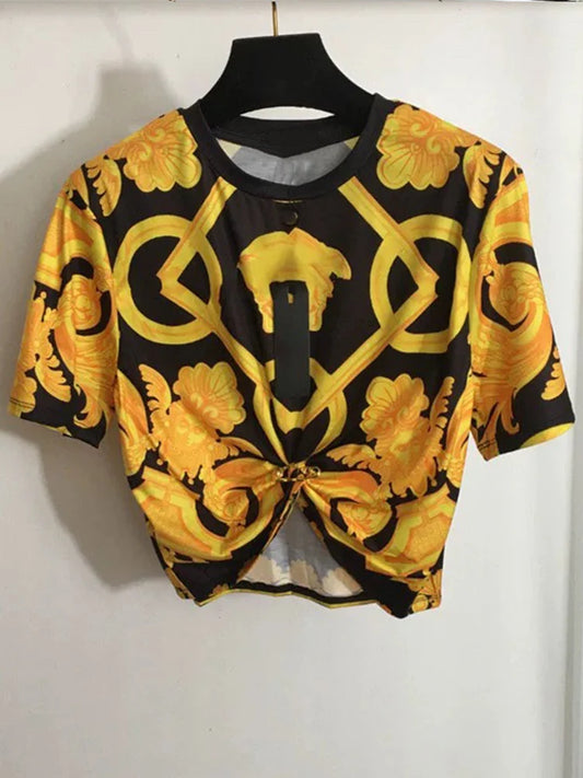 Retro printing irregular pin pleated short T-shirt 2025 summer women's two-piece suit+high waist loose skirt fashion suit