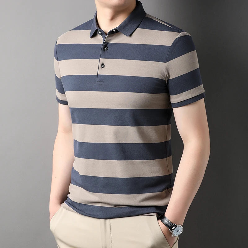 Men's Polo Shirts Korea Man Golf Shirts Summer Striped Print Button Clothing Business Style Male Streetwear Short Sleeve T-Shirt