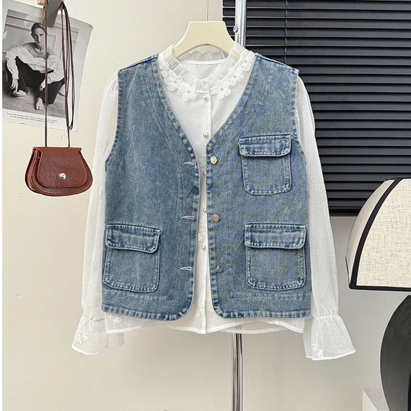 Spring Autumn V-neck Denim Vest Coat Women Korean Style School Ladies Petite Girls Cute Cover-Up Tank Top Jacket