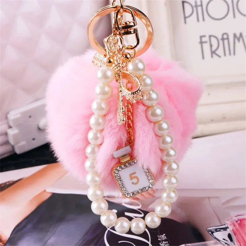 Car Women handBag Key Chain Fashion Pearl Chain Crystal Bottle Bow Pompom Keychain Fluffy Puff Ball Keychains Jewelry