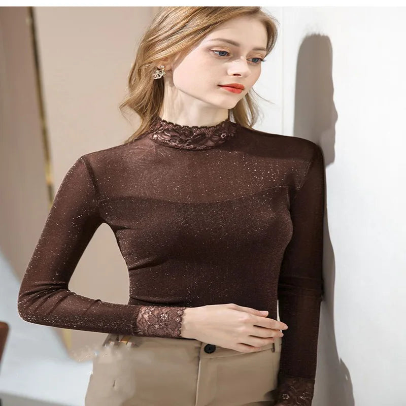 Fashion Gauze Bright silk Spliced Lace Blouses Women's Clothing 2023 Autumn winter Elegant pullovers Office Lady Shirts