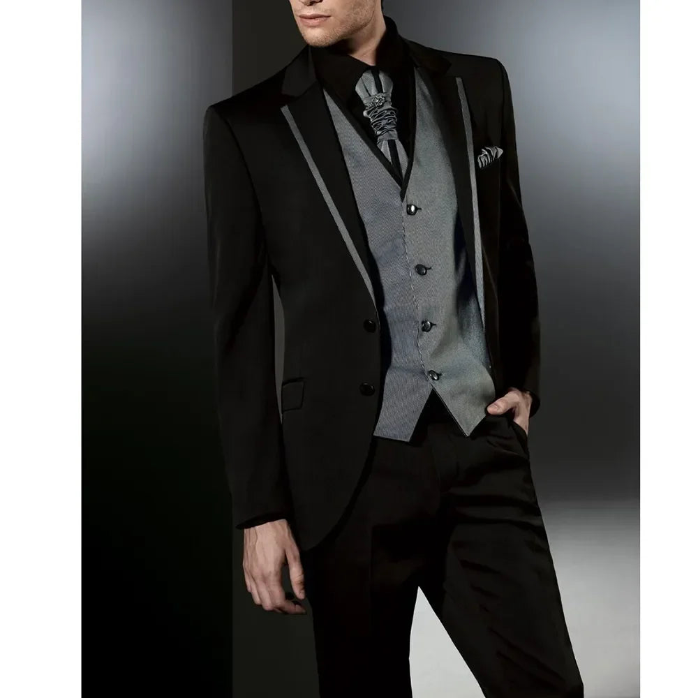 Suits For Men Steampunk Black Three Piece Formal Occasion Regular Length Costume Blazer Jacket Pants Vest Elegant Slim Fit 2023