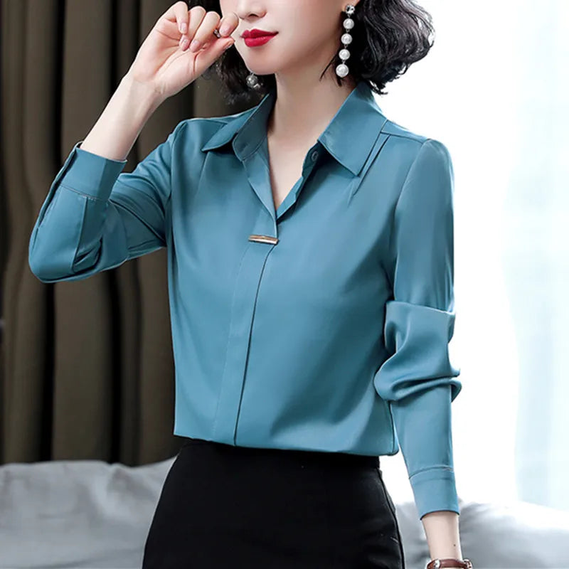 Women's Silk Shirts 2023 Spring Fashion Solid Loose Fashion Ladies Tops Button Long-sleeve Blouse Turn-down Collar Women Shirt