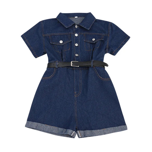 Sommeroverall für Mädchen 2024 neue koreanische Version der kurzärmeligen Jeansshorts für Kinder Modehosen für Kinder 