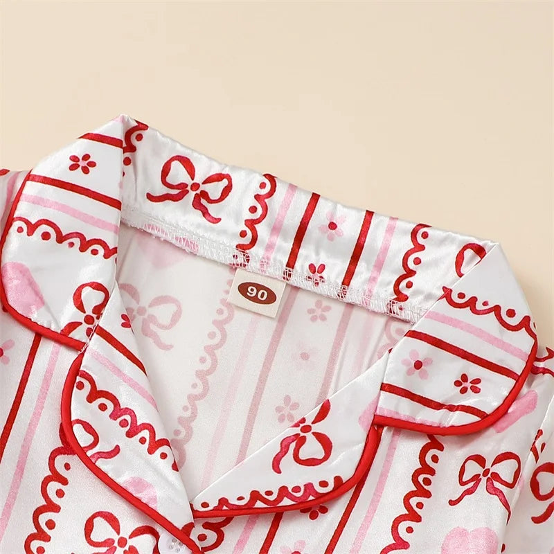 Kids Girls Valentine s Day Pajamas Set Bow Heart Print Long Sleeve Shirts Tops Long Pants 2 Pieces Lounge Suit Sleepwear