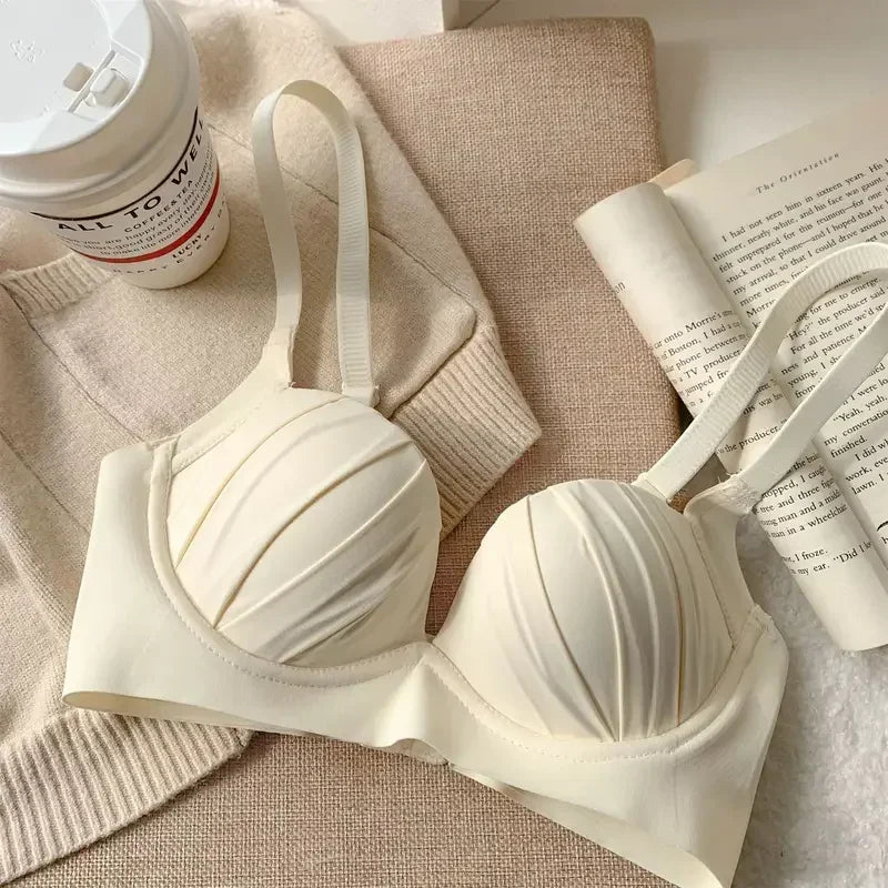 2024 New Pleated Bras Push Up Bra Small Chest No Steel Ring Wirelss Soft Bra Solid Color Sweet Seamless Bra