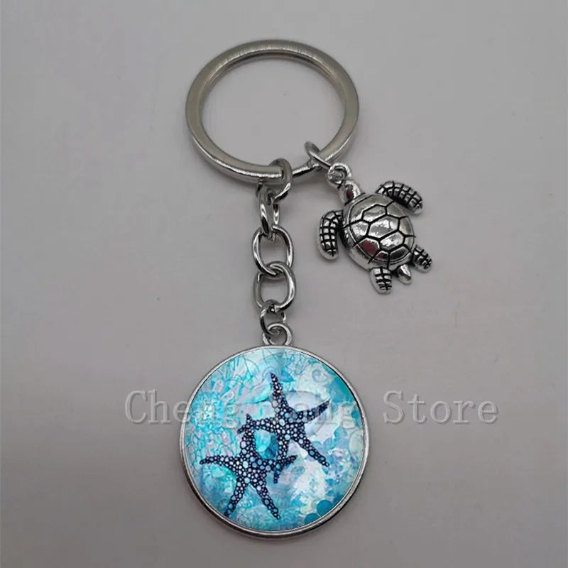 Marine life jewelry turtle dolphin shell keychain key ring glass convex round keychain charm turtle pendant Christmas gift