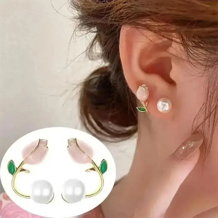 925 Silver Needle Korean Vintage Oil Painting Pearl Flower Earrings For Women Jewelry 2024 Trending New Luxury Women's Earrings