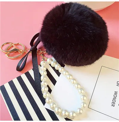 Car Women handBag Key Chain Fashion Pearl Chain Crystal Bottle Bow Pompom Keychain Fluffy Puff Ball Keychains Jewelry
