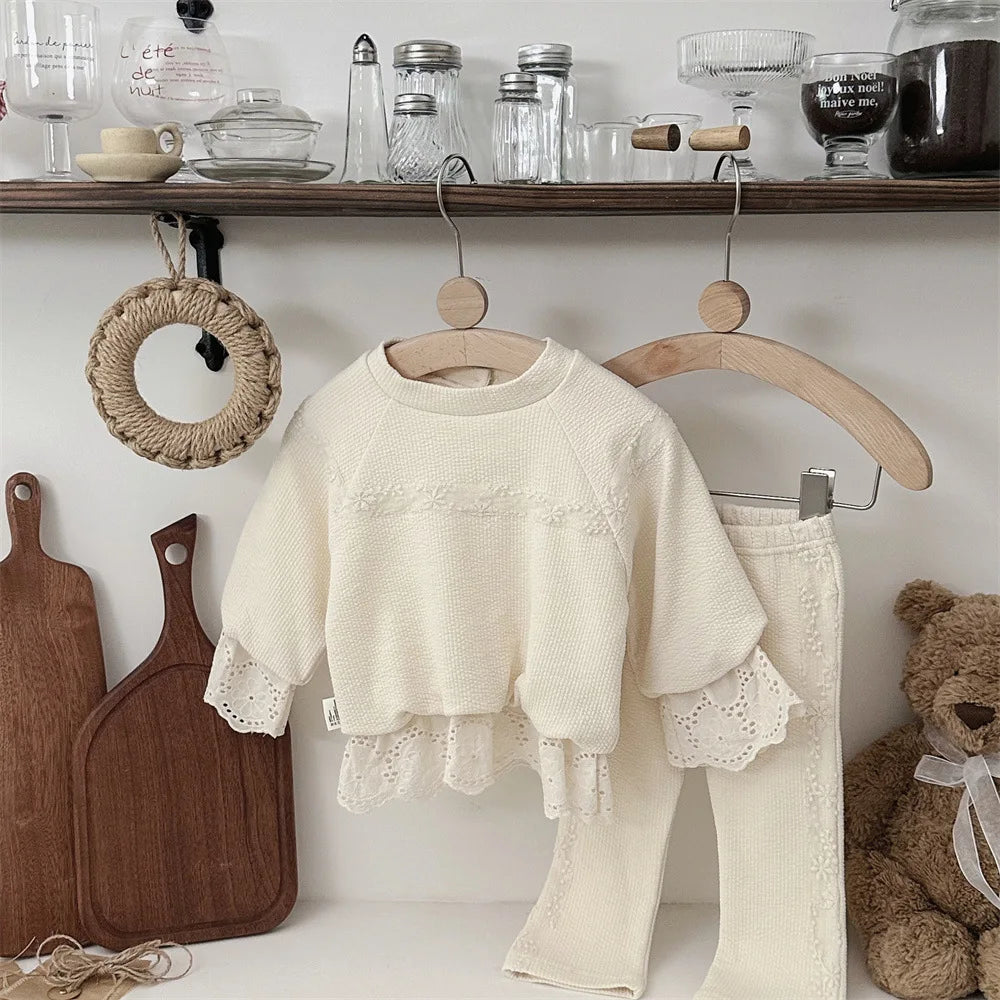 2025 Autumn New Baby Girl Long Sleeve Clothes Set Children Solid Lace Sweatshirt + Pants 2pcs Suit Cotton Toddler Girl Outfits