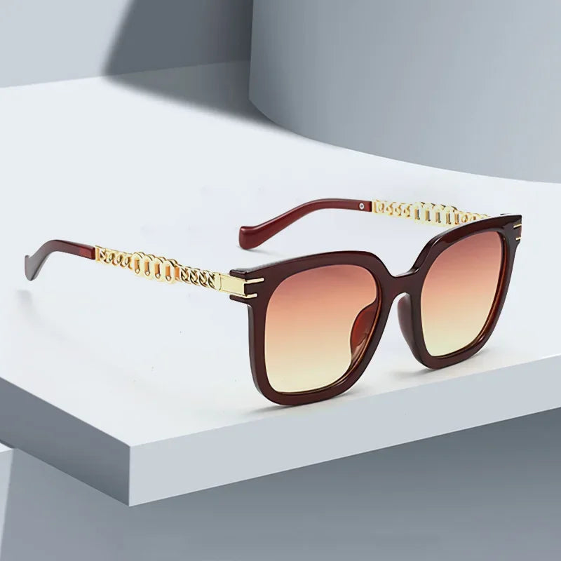 2025 New In Vintage Sunglasses For Women Luxurious Golden Chain Embellished Black Square Glasses Dark Lenses Glasses Women