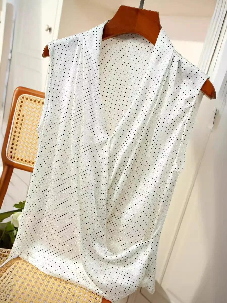 BirdTree, 100%Real Silk OL Elegant Shirt, Women V Neck Sleeveless Polka Dots, Loose Fashion Blouse