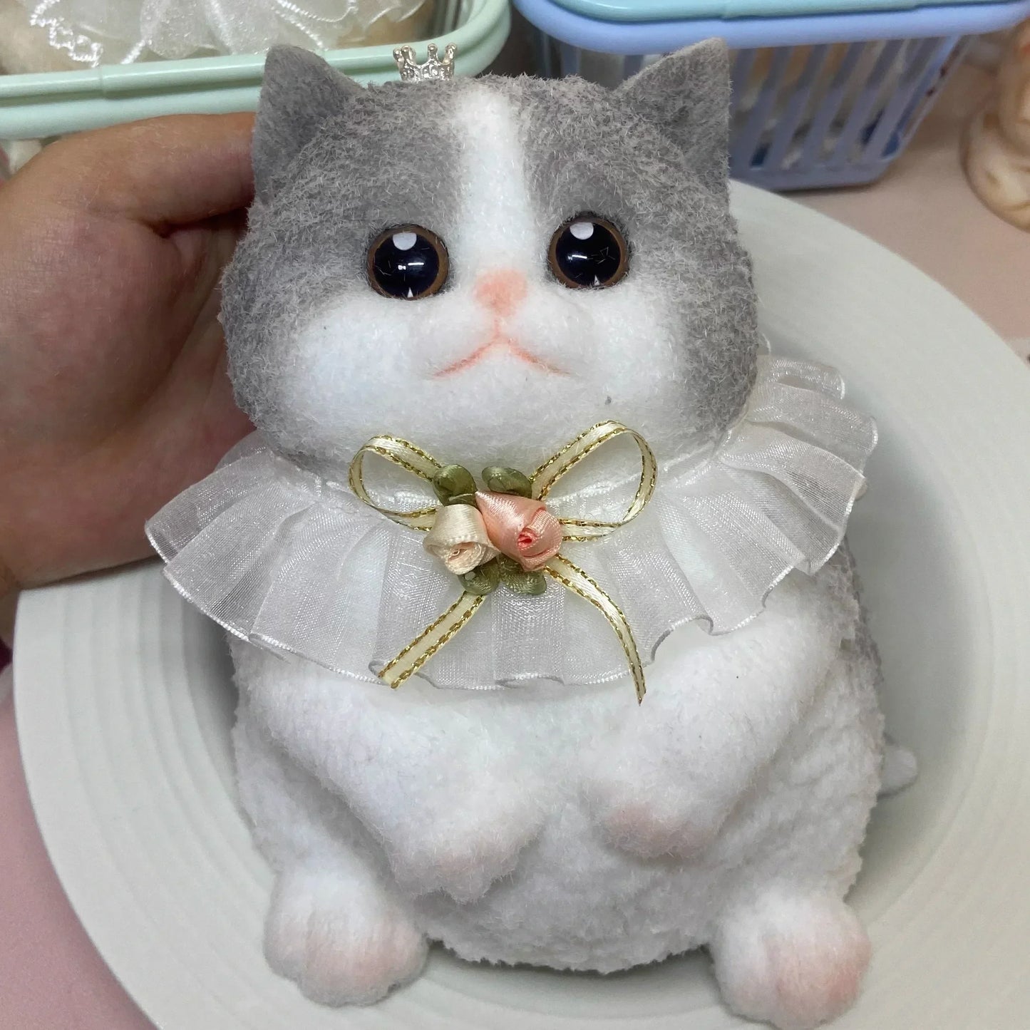 17cm Simulation Silicone Cat Soft Rebound Handmade Toy with Bamboo Basket Bionic Kitten Birthday Gifts Ornament