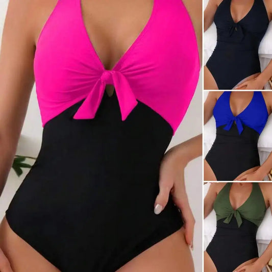 Women Fashion Solid Deep V Neck One Piece Swimsuit Women White Hollow Out Pleate Swimwear Beach Bandage Bathing Suit Monokini