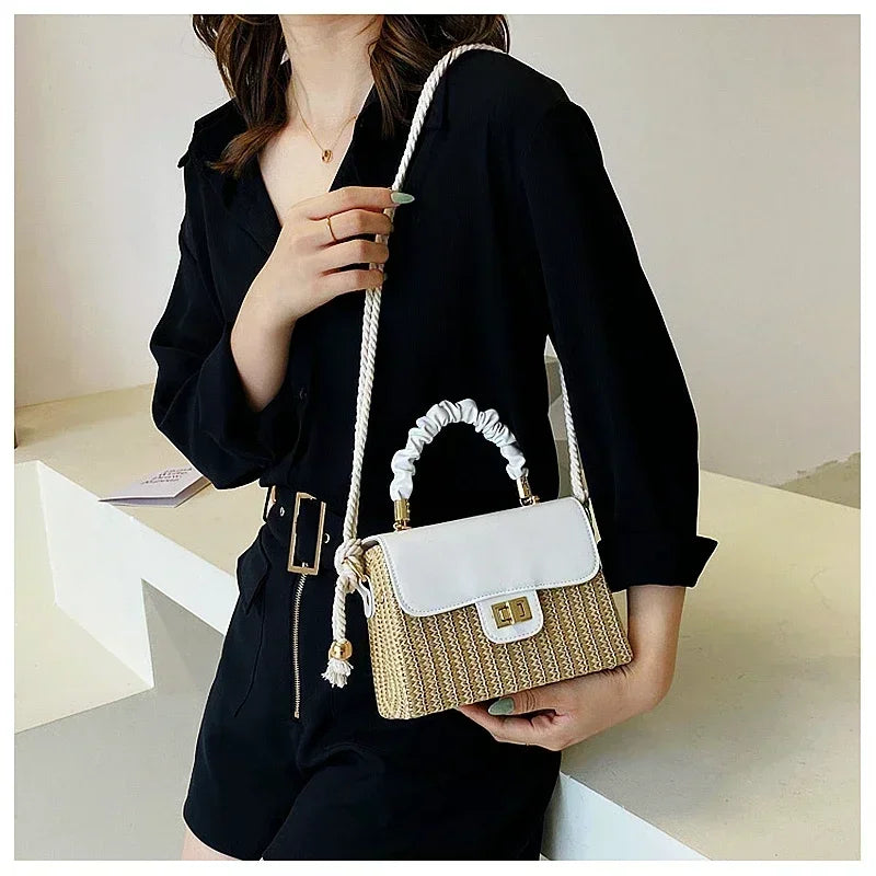 Straw Beach Bag for Women 2021 Summer Pleated Handle Luxury Designer  Contrast Color Crossbody Purse and Handbag Lady Bolsos