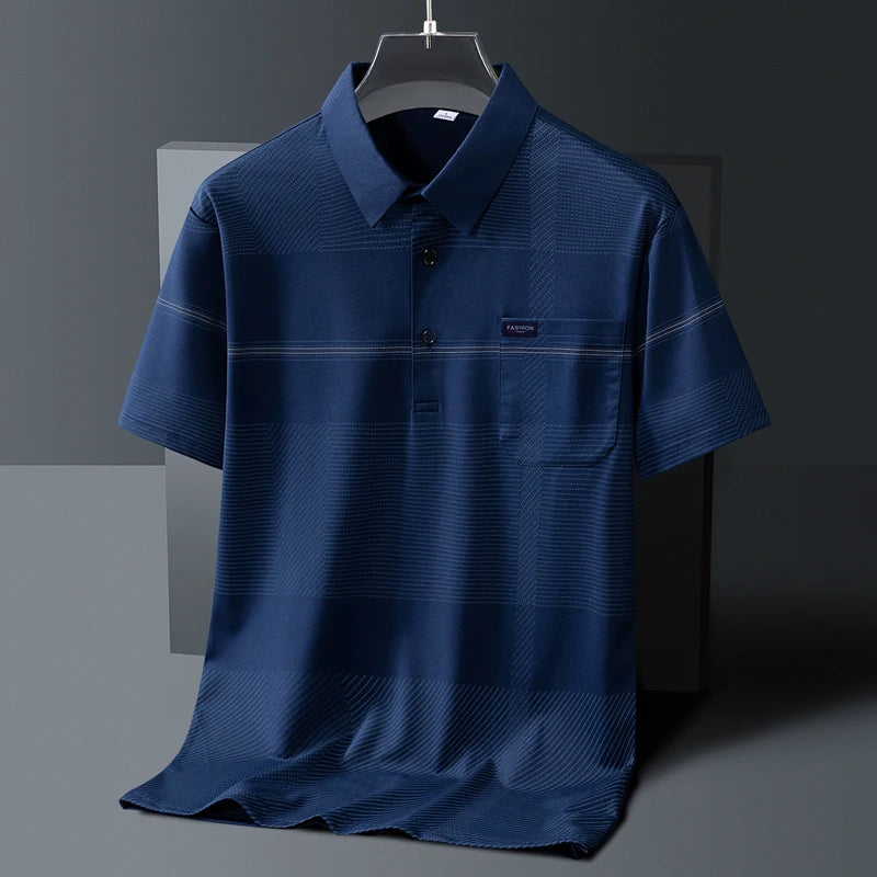 Men's Short Sleeve Button Summer Pullover Striped Pockets T-shirt England Style Casual Formal Turn-down Collar Vacation Tops