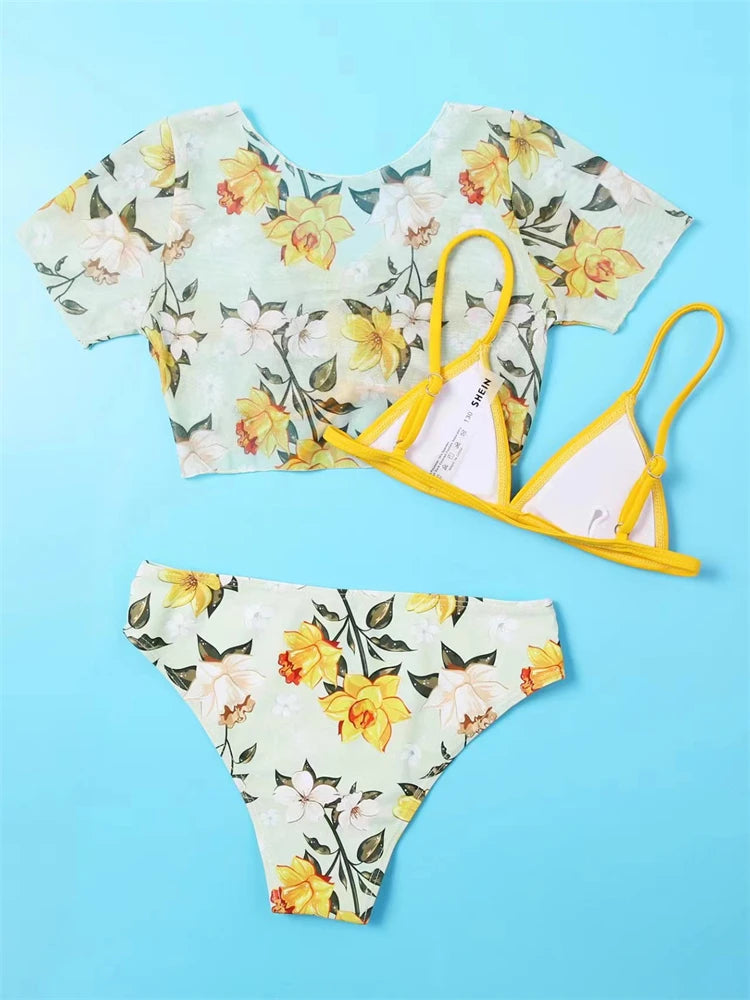 Bikini Girls Kids Swimsuit 2024 New Print Short Sleeves Bikinis Set Children Swimwear Summer Three Piece Beach Wear Bathing Suit