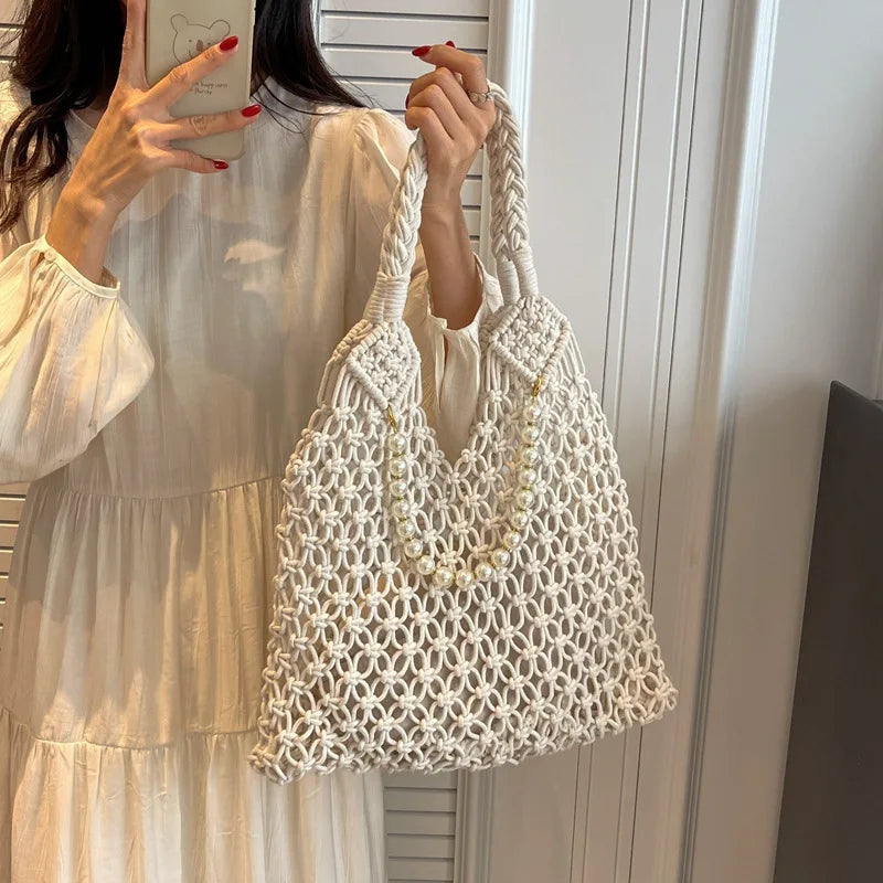 Straw Hobo Beach Bag Designer Luxury Bags Woman 2025 Pearl Purse Woven Tote Handbag Summer Vintage Foldable Handbag for Travel
