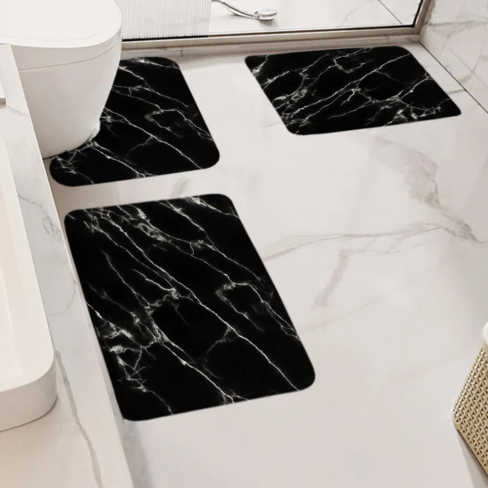 Badematten-Set mit abstraktem grauem Marmor und goldenem Strukturmuster, moderner Bodenteppich für das Badezimmer, dekorative rutschfeste Teppiche in U-Form 
