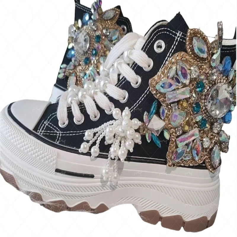 Thick sole high top nailed bead rhinestone fringed gem canvas shoes hand-customized black lace-up women's casual sneakers 35-40