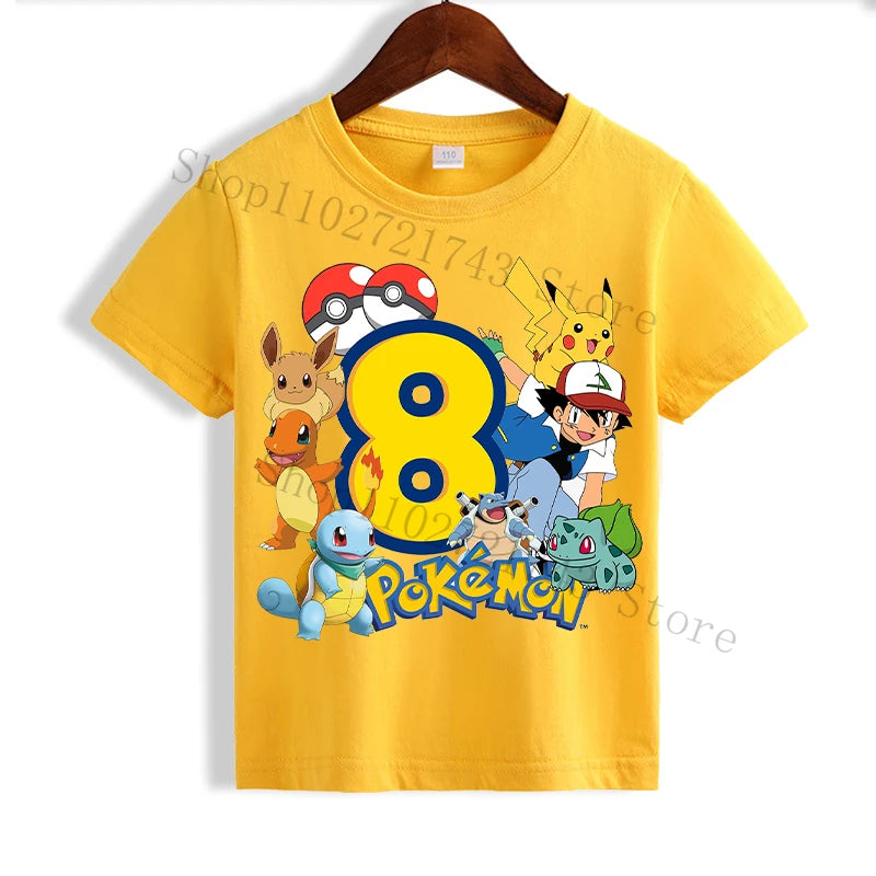 Pokemon Pikachu Yellow T-shirts for Children Anime Short Sleeved Shirt Boys Girls Summer Fashion Number 1-10 Tops Kids Clothes