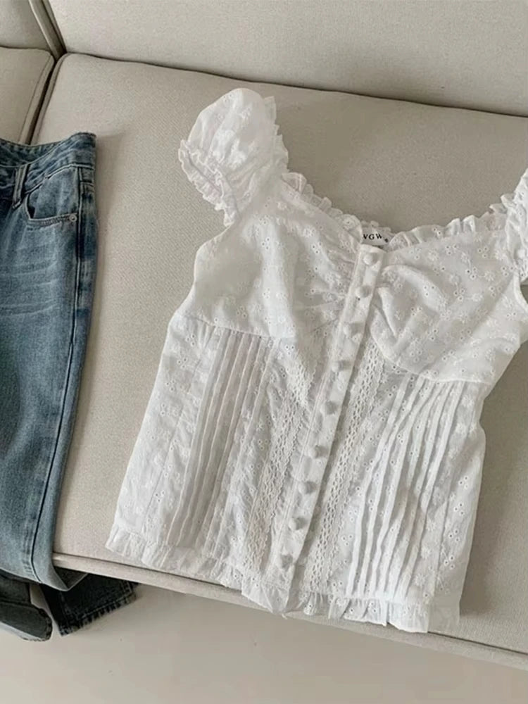 2025 New Women White Hollow Out Design Shirt Pleated Slash Neck Puff Sleeve Blouses Female Slim Ruffle Single Breasted Clothes