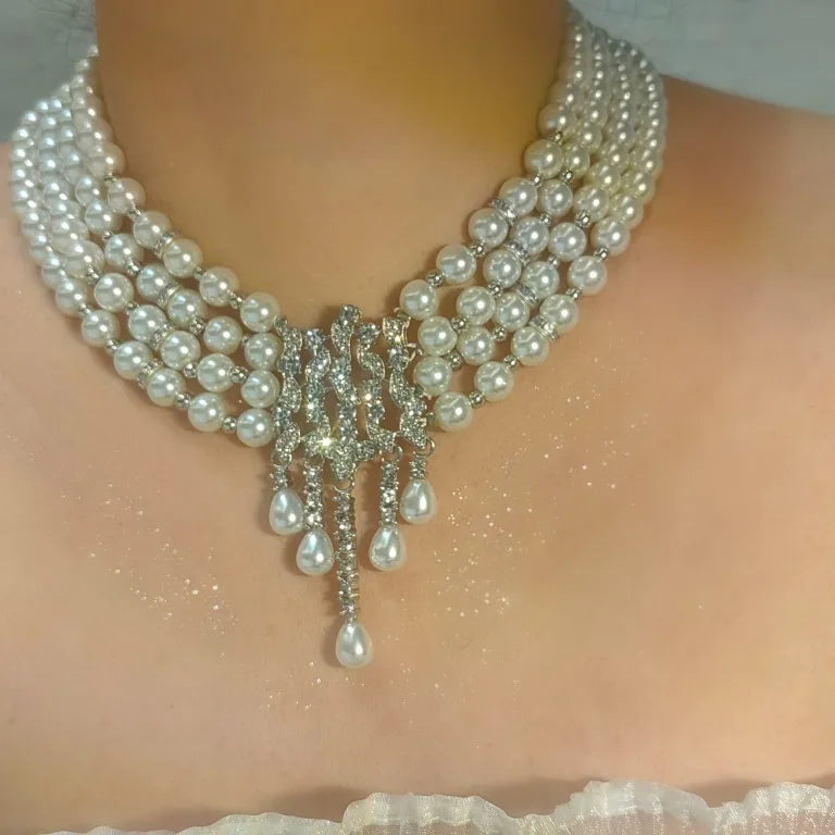 2023 Women Morning Dew Water Drops Honeycomb Gem Multilayer Pearl Necklace Tahiti Seawater Mabei Pearl Zircon Earrings