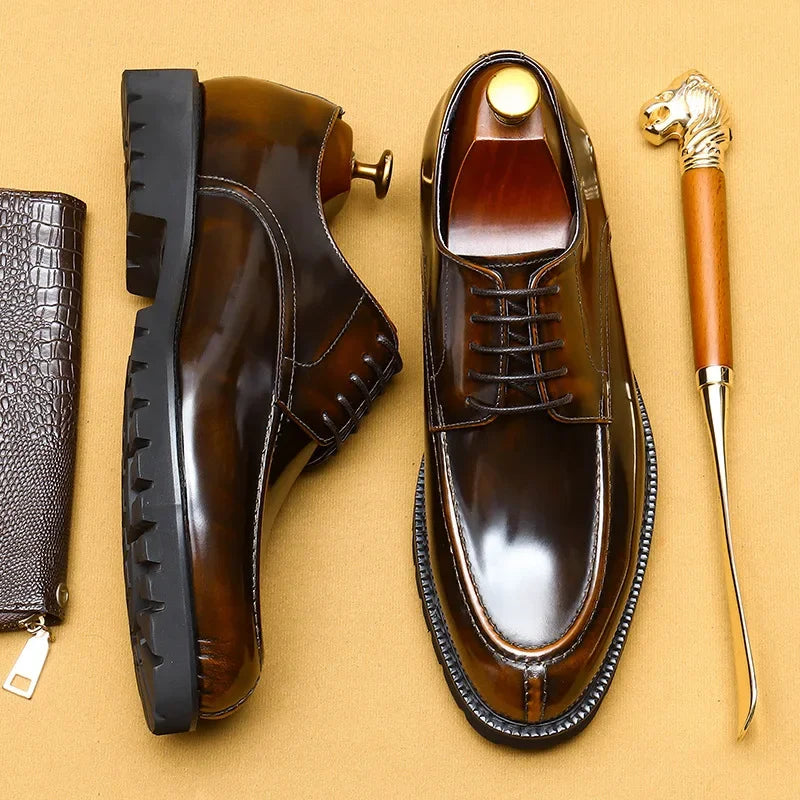 Vintage Flat Mens Dress Shoes Luxury Genuine Leather Handmade Quality Comfortable 2025 Spring Patent Leather Wedding Shoes Man