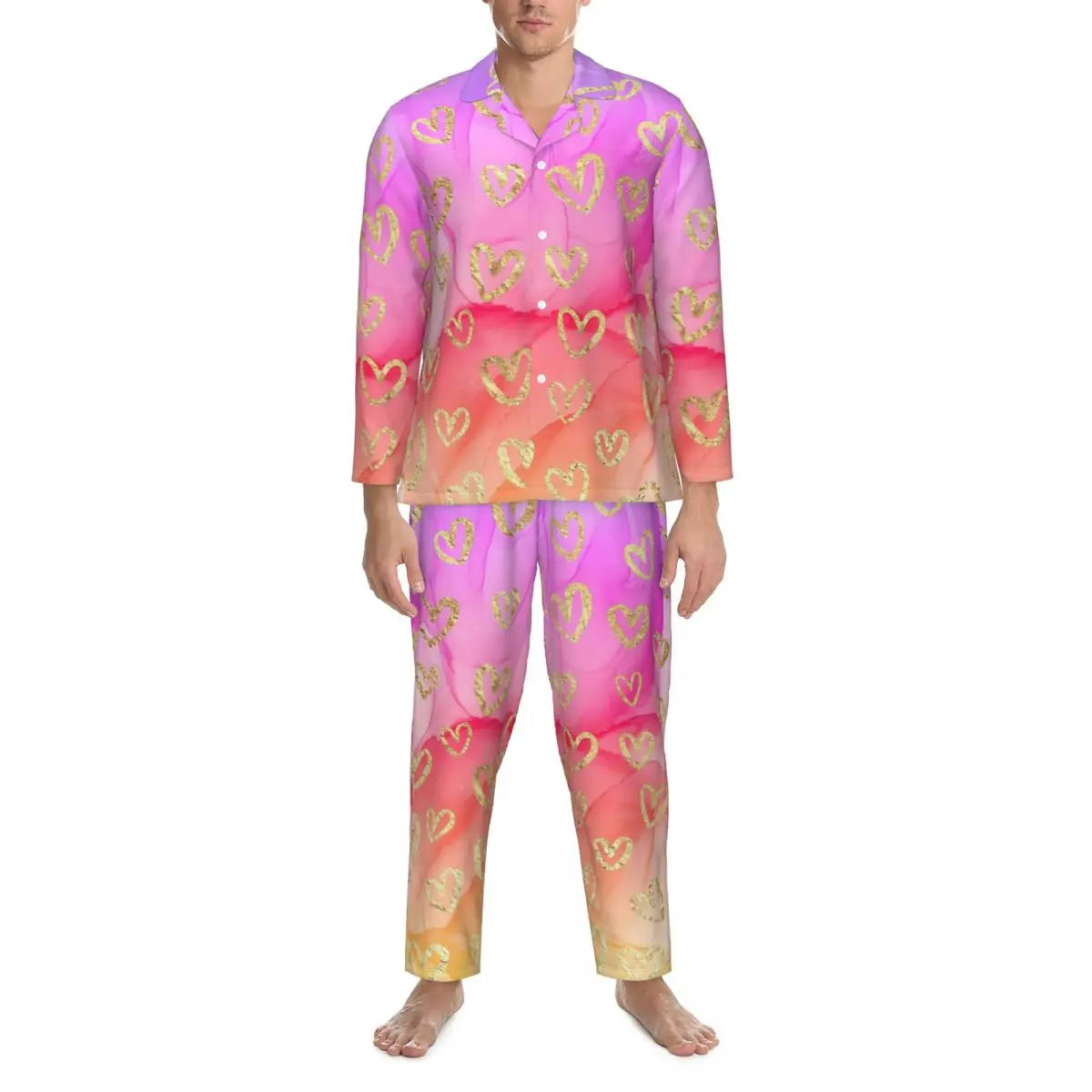 Valentine Hearts Pajama Sets Black and Red Cute Sleepwear Men Long Sleeve Retro Daily Two Piece Nightwear Plus Size