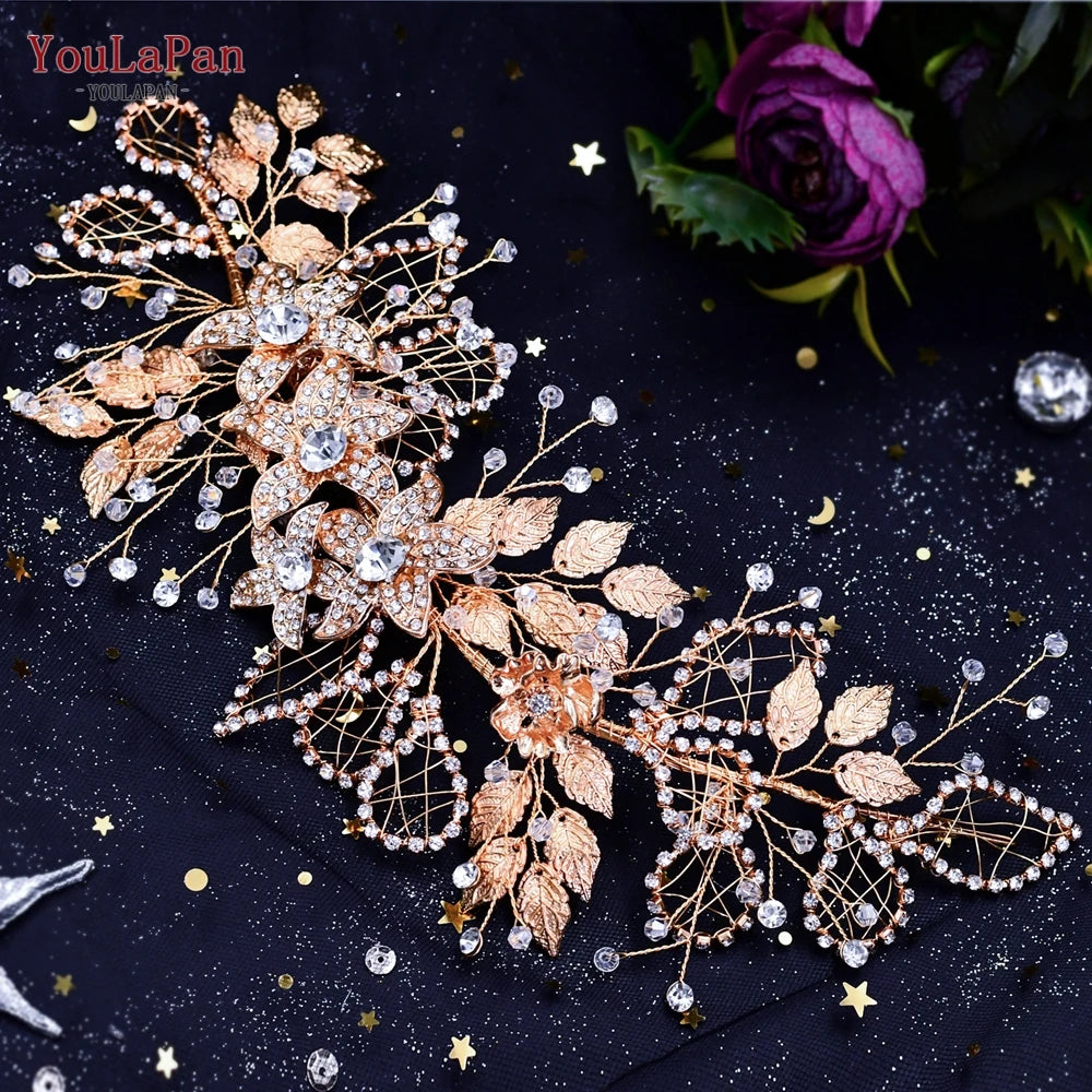 YouLaPan Crystal Bridal Headpiece Alloy Leaf Headband for Brides Wedding Hair Accessories Princess Tiara Pageant Headdress HP272