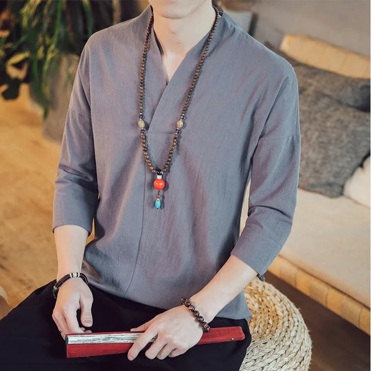 Summer Short Sleeve Men New Half-sleeved Cotton Linen Breathable Men Clothing T-shirt Tops - mon