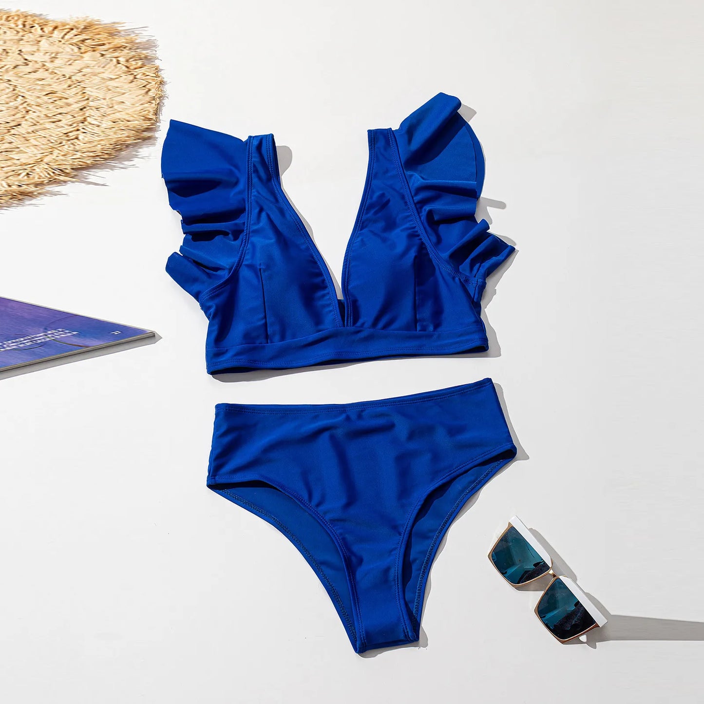 Summer Women 2023 High Waist Bikinis Ruffle Swimwear Swimuit Female Retro Solid Color Beachewear Bikini Set Women's Clothing