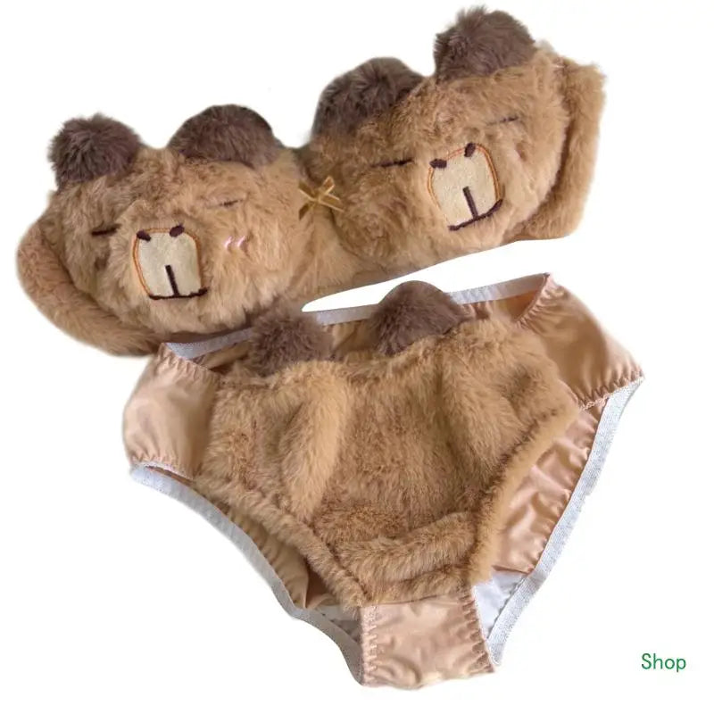 Dropship Women's Anime Capybara Lingerie Plush Bra and Panty Briefs Furry Underwear Set