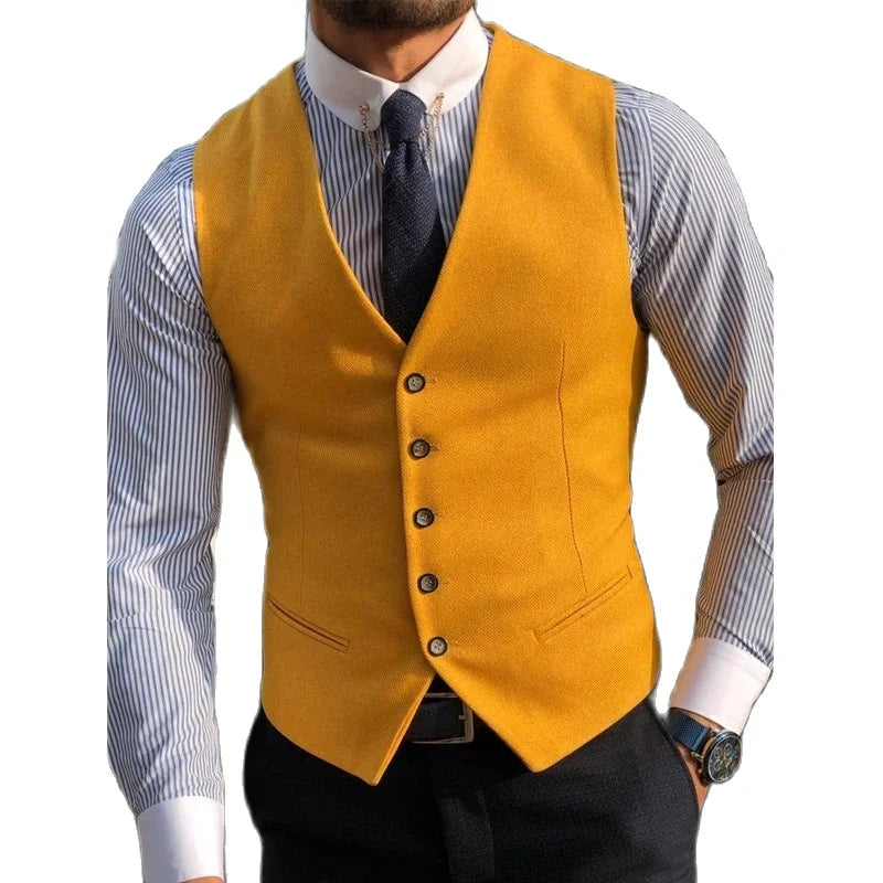 Men's Suit Formal V Neck Wool Green Herringbone Tweed Casual Waistcoat Formal Business Vest Groomman For Wedding