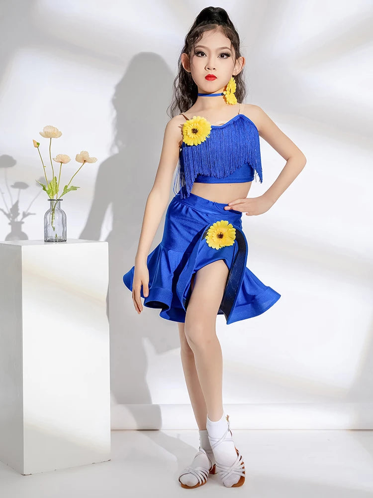 Latin Dance Outfit for Girls 2024 New Summer Children New Floral Practice Competition Clothing