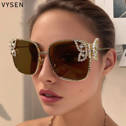 Trendy Oversized Square Sunglasses Women 2025 Luxury Brand Fashio Rhinestone Butterfly Shades Vintage Metal Frame UV400 Eyewear