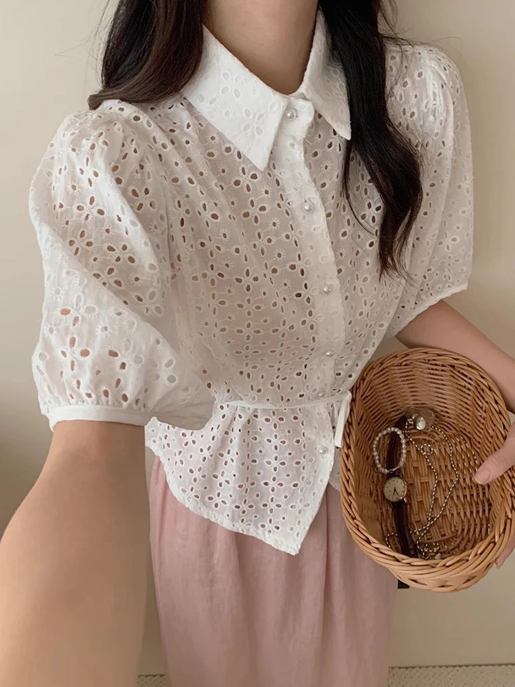 Korejpaa Korean Fashion Woman Shirt Vintage Clothes 2025 Spring Turn-down Collar Hollow Out Embroidery Jacquard White Shirts