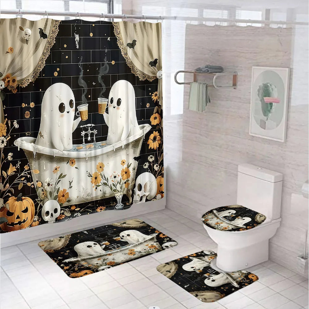 Funny Ghost Shower Curtain Set Halloween Skull Bat Flower Pumpkin Bath Screen Bathroom Mat Non Slip Rug Carpet Toilet Cover Home improvement decortion