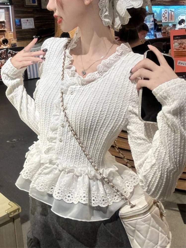 New Sweet clothes Gentle Lace V-neck Shirt Female New Japanese Fashion Slim Elegant Shirt Spring 2025 Harajuku Long Sleeve Solid Clothes