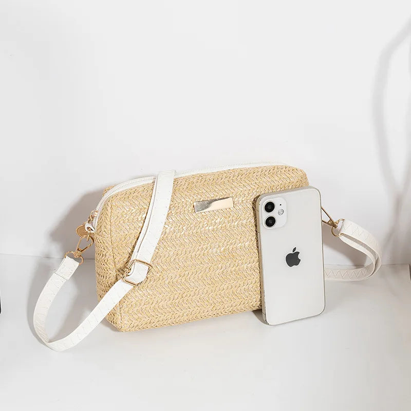 Solid Color Small Straw Crossbody Handbags for Women Lady Mama Shoulder Messenger Bags Bolsa Beach Clutch Purse