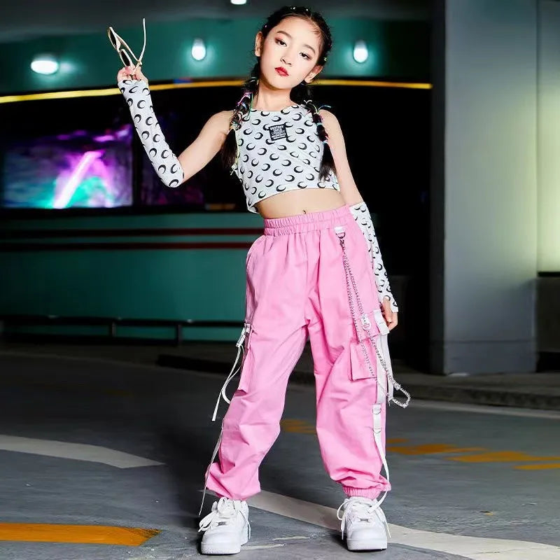 Pink Hip-Hop Street Dance Clothe Rave Clothing Summer Girl Sets K-pop Outfit Crop Tops Cargo Pants Performance Costume 120-170CM