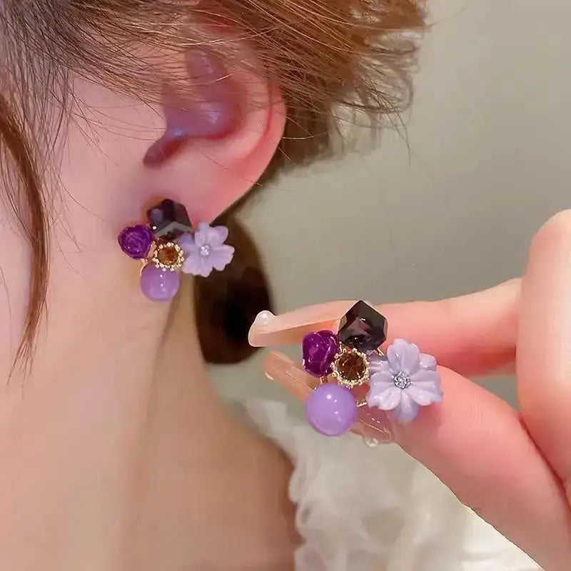 925 Silver Needle Korean Vintage Oil Painting Pearl Flower Earrings For Women Jewelry 2024 Trending New Luxury Women's Earrings