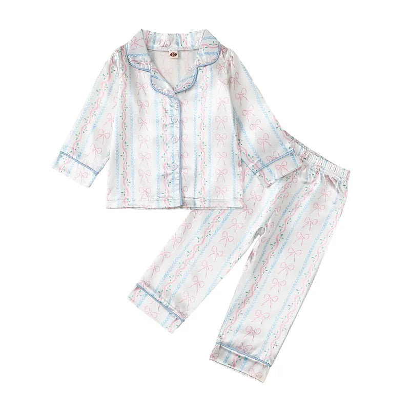 Kids Girls Valentine s Day Pajamas Set Bow Heart Print Long Sleeve Shirts Tops Long Pants 2 Pieces Lounge Suit Sleepwear