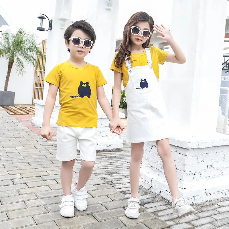 Matching Family Outfits Summer Mum Daughter Strap Dresses Dad Son Cotton T-shirt &Shorts Holiday Matching Couple Clothes Seaside