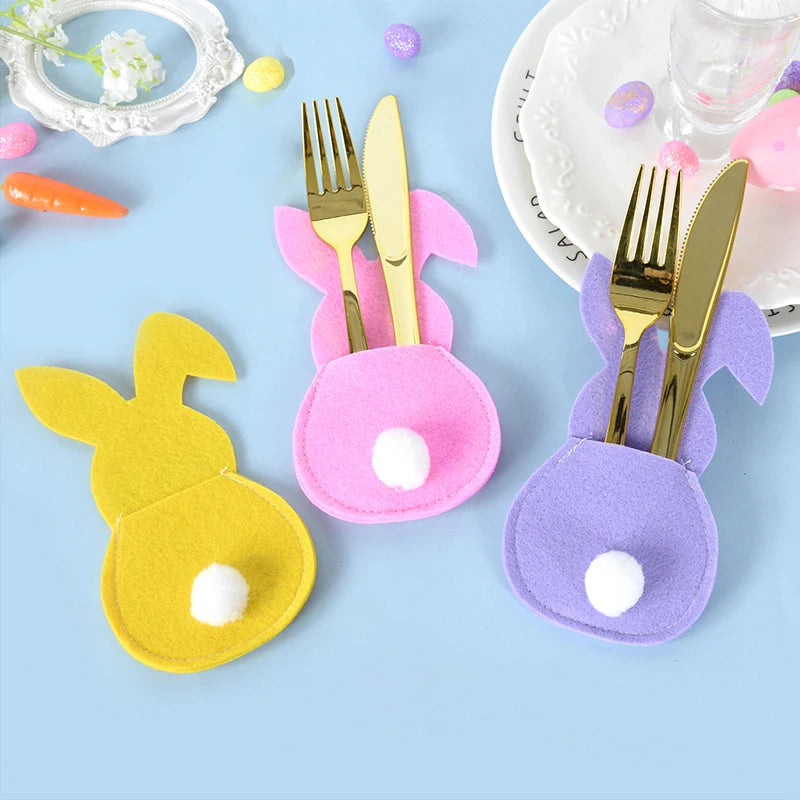 4pcs Easter Cutlery Bag Felt Bunny Rabbit Knife Fork Holder Bags Tableware Spring Easter Festival Party Home Table Decorations