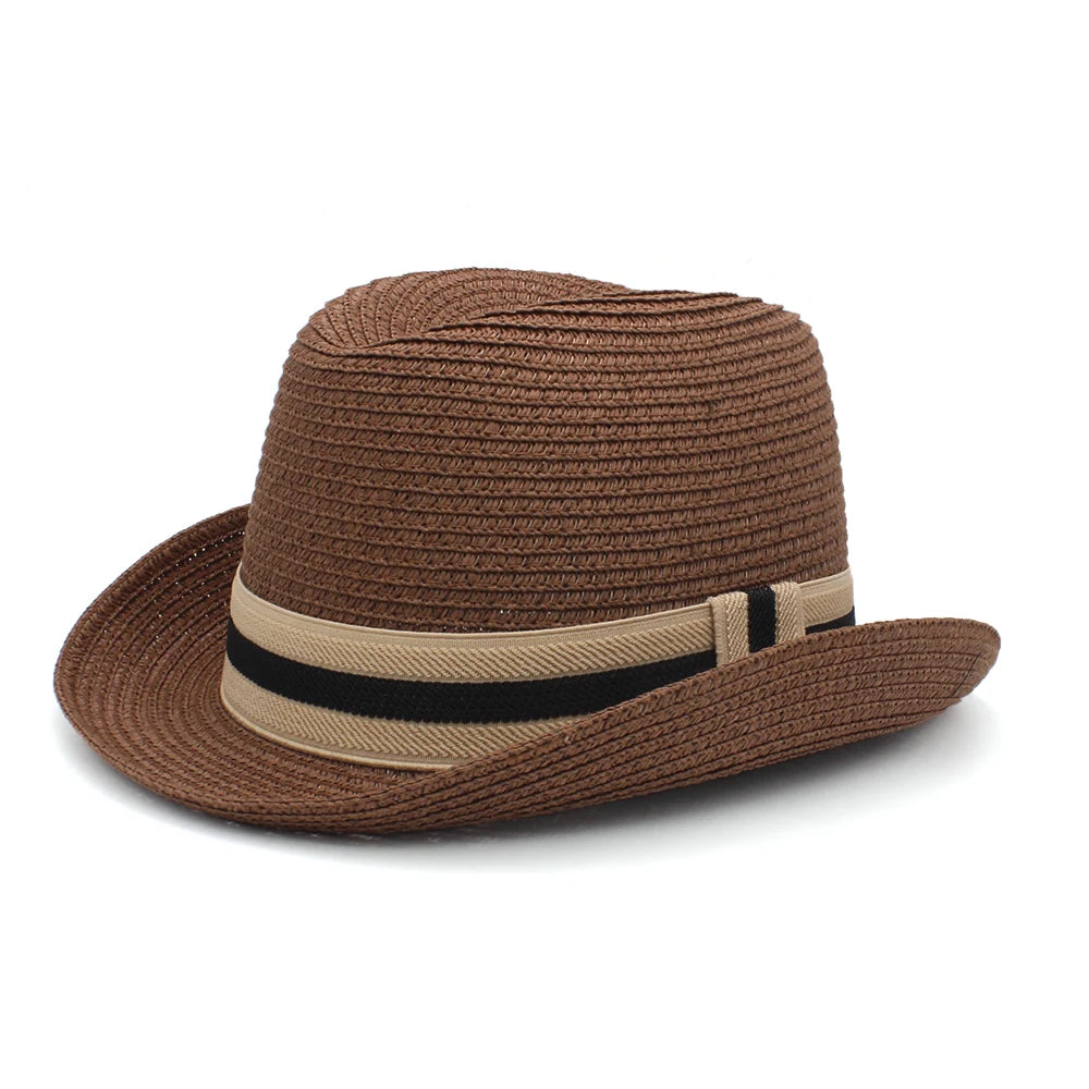 Men Women Summer Solid Straw Homburg Hats Classical Retro Fedora Caps Trilby Sunhat Party Beach Travel Outdoor Adjustable Size