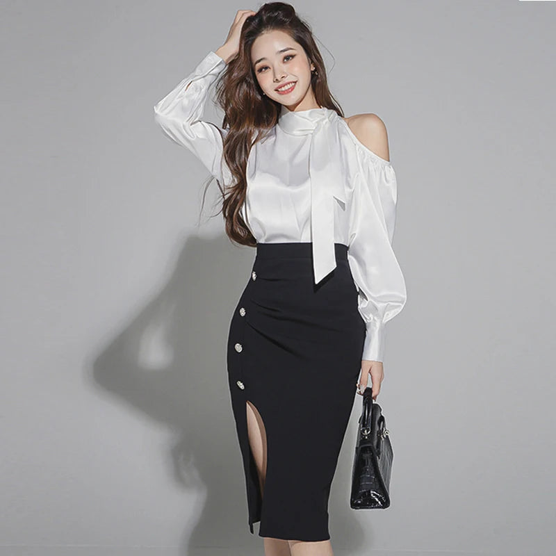 Spring Autumn Korean 2 Piece Set Elegant Casual White Satin Loose Hollow Shirt Tops High Waist Slit Midi Skirt Women Lady Outfit