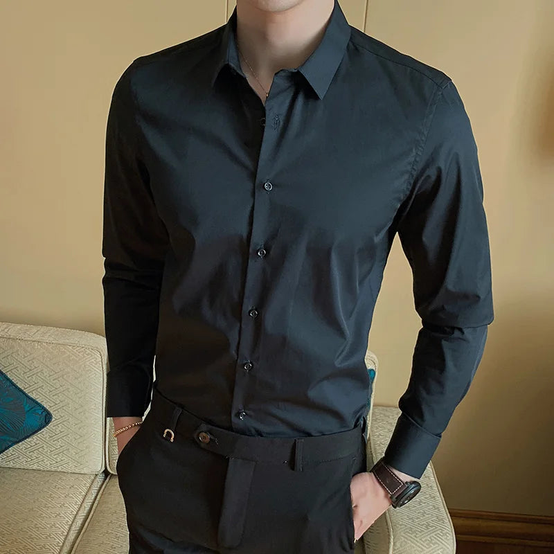Four Season Non-ironing Regular Fit Business Casual Long Sleeve Shirt Anti-Wrinkle Solid Color Male Social Formal Shirts