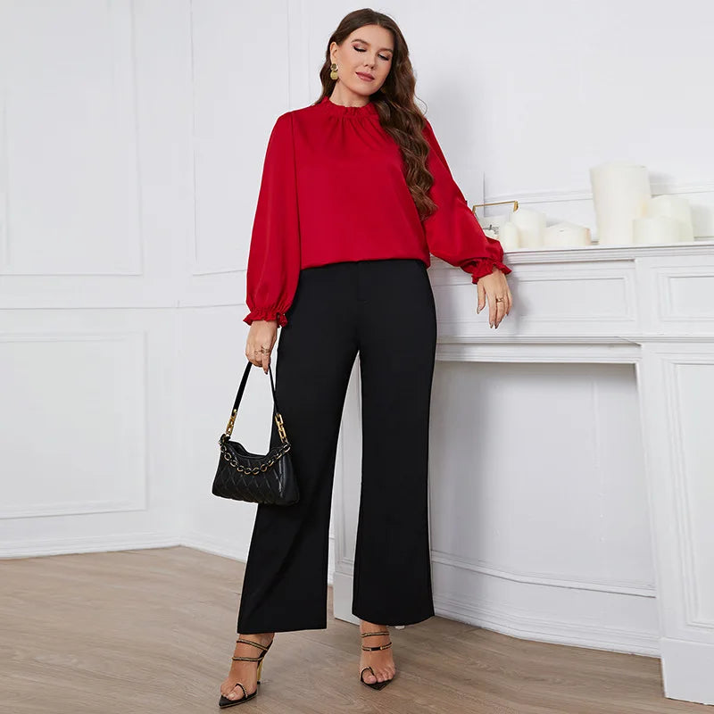 Plus Size Red Long Sleeve Shirt for Women Solid Oversized Loose Casual Shirts All Season Women Plus Size Tops Office Lady